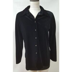 Susan Graver Black Velour Button Front Shirt Size PM  Front Long Sleeve Lined